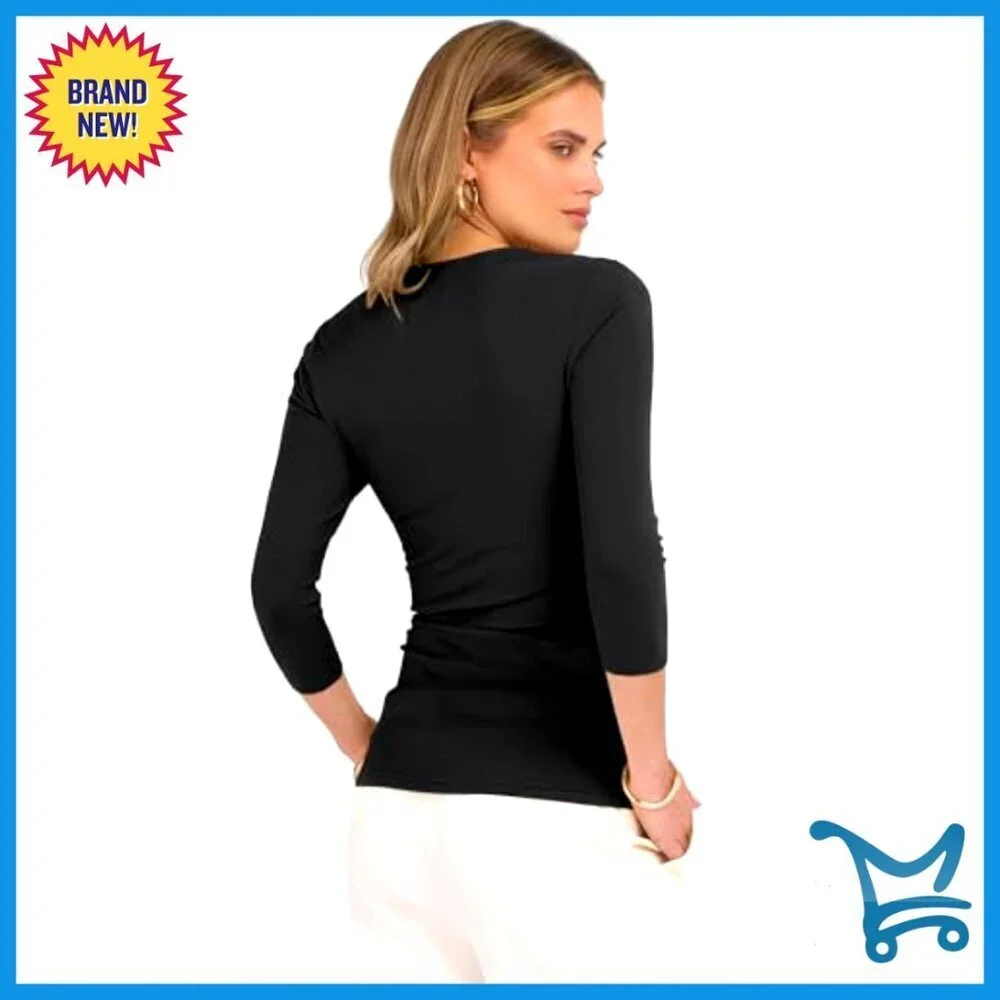 Ribbed Knit V-Neck Top 3/4 Sleeve Slim Fit Casual Chic Fall Fashion Tee